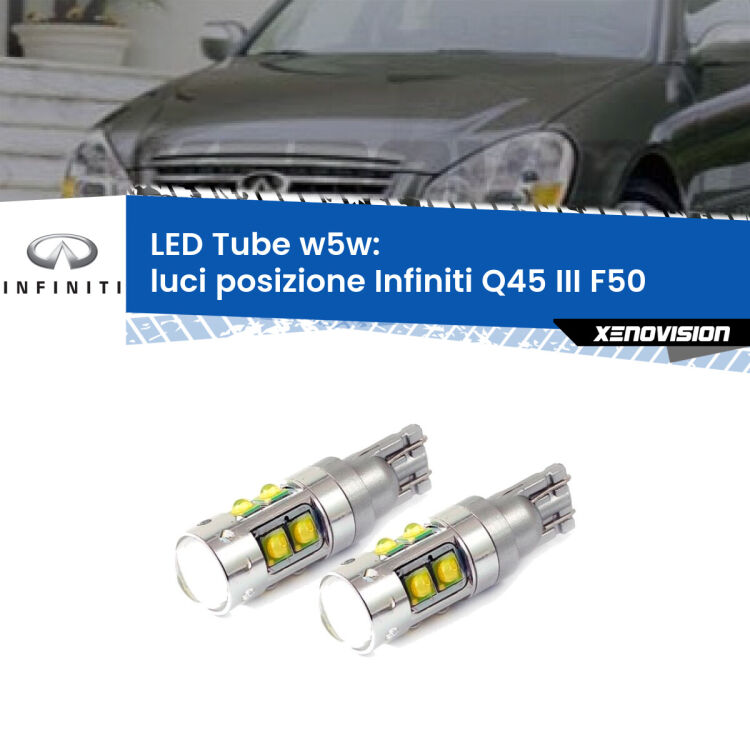 0 Luci posizione LED W5W Infiniti Q45 III F50 2001-2006 W5W Tube <strong>Luci posizione LED 6000k per Infiniti Q45 III</strong> F50 2001-2006. Lampadine <strong>W5W</strong> canbus modello Tube, luce bianco lunare, lunga durata e compatibilità.