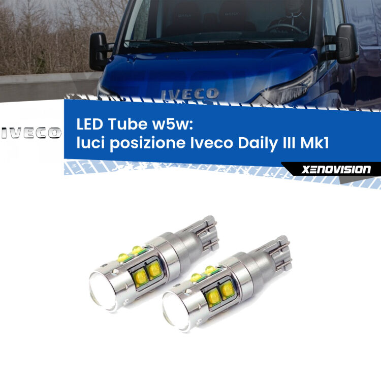 0 Luci posizione LED W5W Iveco Daily III Mk1 2014-2016 W5W Tube <strong>Luci posizione LED 6000k per Iveco Daily III</strong> Mk1 2014-2016. Lampadine <strong>W5W</strong> canbus modello Tube, luce bianco lunare, lunga durata e compatibilità.