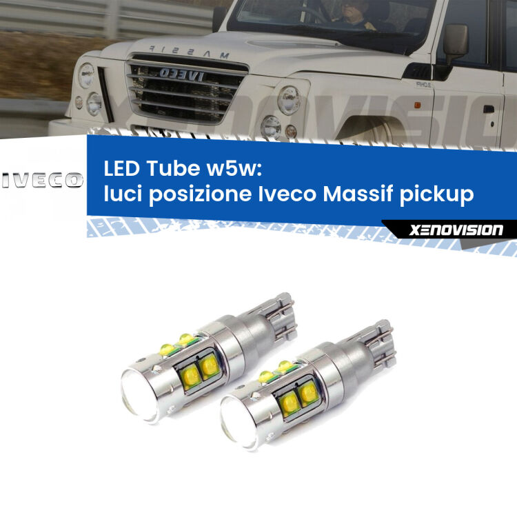 0 Luci posizione LED W5W Iveco Massif pickup  2008-2011 W5W Tube <strong>Luci posizione LED 6000k per Iveco Massif pickup</strong>  2008-2011. Lampadine <strong>W5W</strong> canbus modello Tube, luce bianco lunare, lunga durata e compatibilità.