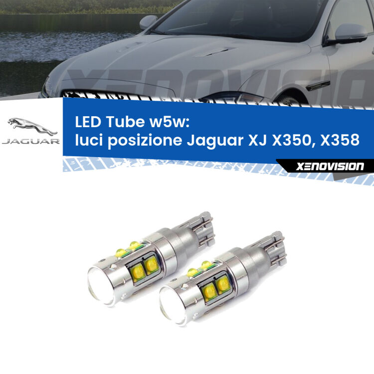 0 Luci posizione LED W5W Jaguar XJ X350, X358 2003-2009 W5W Tube <strong>Luci posizione LED 6000k per Jaguar XJ</strong> X350, X358 2003-2009. Lampadine <strong>W5W</strong> canbus modello Tube, luce bianco lunare, lunga durata e compatibilità.