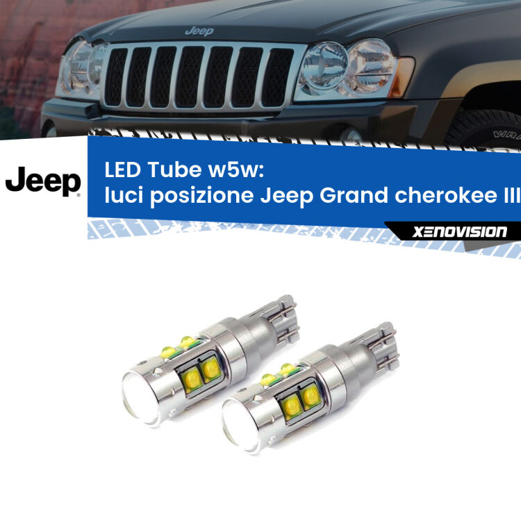 0 Luci posizione LED W5W Jeep Grand cherokee III WK 2005-2010 W5W Tube <strong>Luci posizione LED 6000k per Jeep Grand cherokee III</strong> WK 2005-2010. Lampadine <strong>W5W</strong> canbus modello Tube, luce bianco lunare, lunga durata e compatibilità.