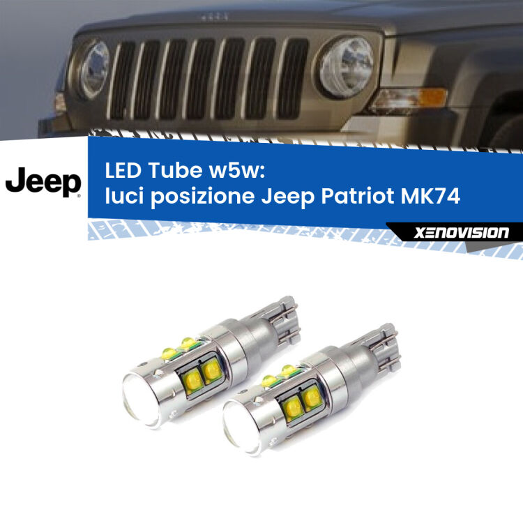 0 Luci posizione LED W5W Jeep Patriot MK74 2007-2017 W5W Tube <strong>Luci posizione LED 6000k per Jeep Patriot</strong> MK74 2007-2017. Lampadine <strong>W5W</strong> canbus modello Tube, luce bianco lunare, lunga durata e compatibilità.
