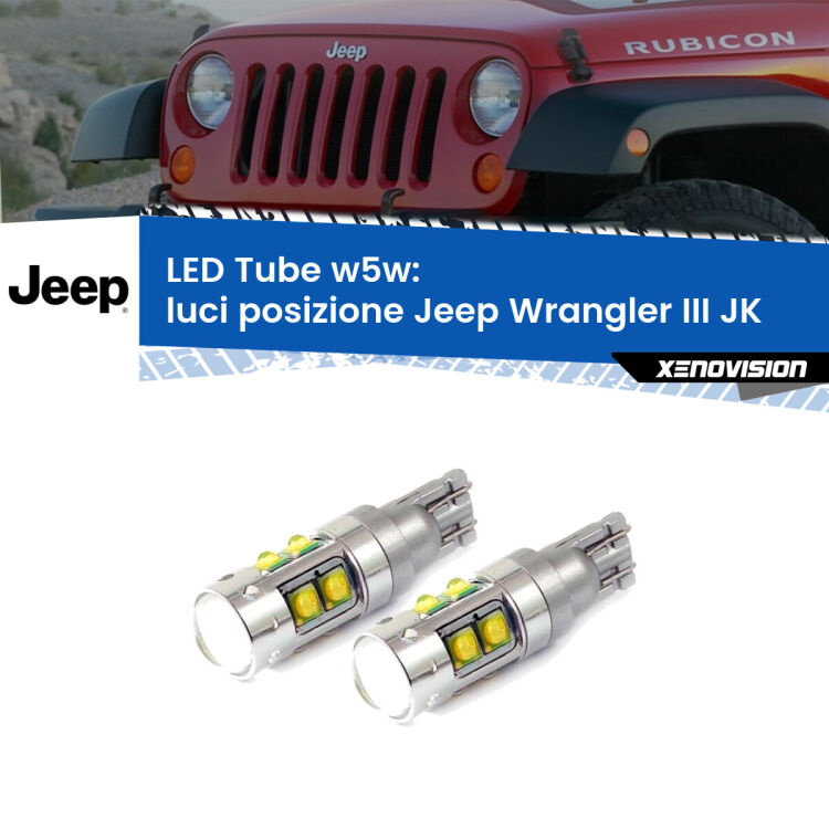 0 Luci posizione LED W5W Jeep Wrangler III JK 2006-2016 W5W Tube <strong>Luci posizione LED 6000k per Jeep Wrangler III</strong> JK 2006-2016. Lampadine <strong>W5W</strong> canbus modello Tube, luce bianco lunare, lunga durata e compatibilità.
