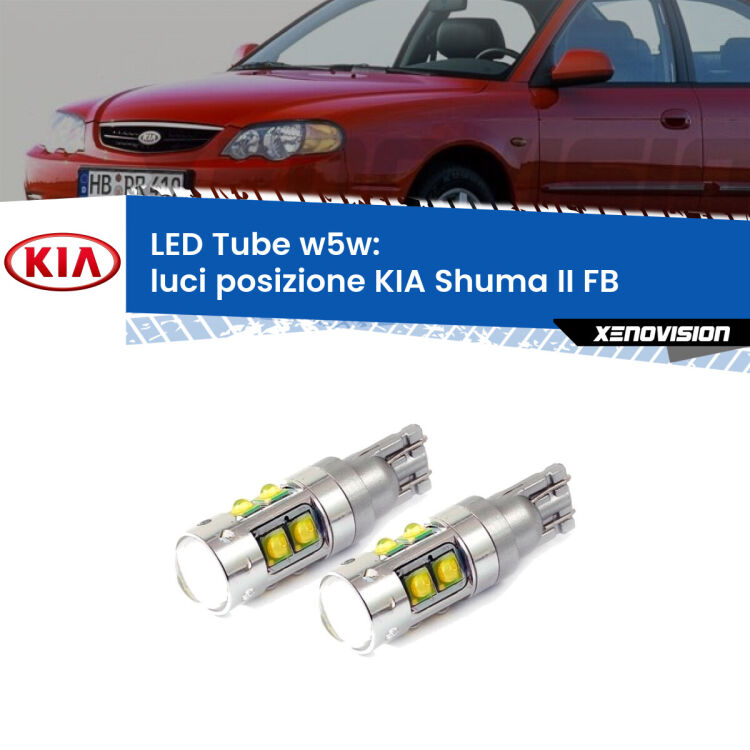 0 Luci posizione LED W5W KIA Shuma II FB 2001-2004 W5W Tube <strong>Luci posizione LED 6000k per KIA Shuma II</strong> FB 2001-2004. Lampadine <strong>W5W</strong> canbus modello Tube, luce bianco lunare, lunga durata e compatibilità.
