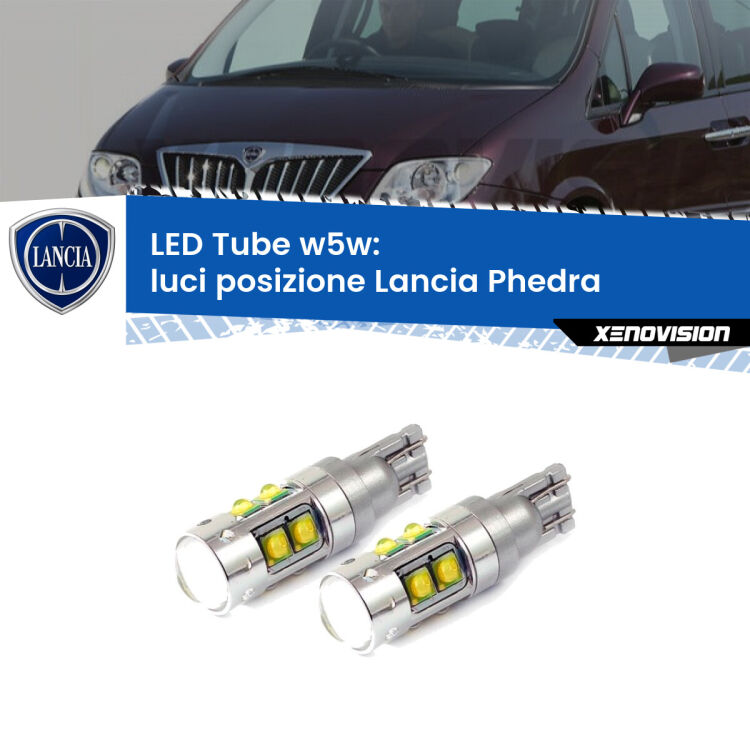 0 Luci posizione LED W5W Lancia Phedra 2002-2010 W5W Tube <strong>Luci posizione LED 6000k per Lancia Phedra</strong> 2002-2010. Lampadine <strong>W5W</strong> canbus modello Tube, luce bianco lunare, lunga durata e compatibilità.
