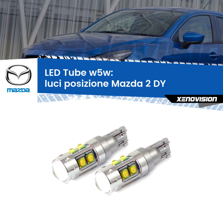 0 Luci posizione LED W5W Mazda 2 DY 2003-2007 W5W Tube <strong>Luci posizione LED 6000k per Mazda 2</strong> DY 2003-2007. Lampadine <strong>W5W</strong> canbus modello Tube, luce bianco lunare, lunga durata e compatibilità.