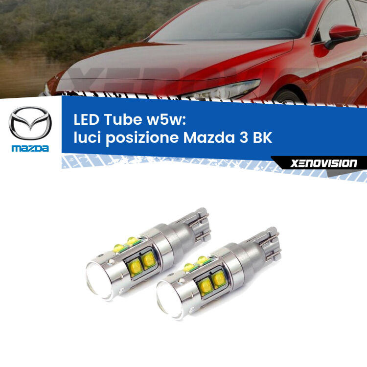 0 Luci posizione LED W5W Mazda 3 BK 2003-2009 W5W Tube <strong>Luci posizione LED 6000k per Mazda 3</strong> BK 2003-2009. Lampadine <strong>W5W</strong> canbus modello Tube, luce bianco lunare, lunga durata e compatibilità.