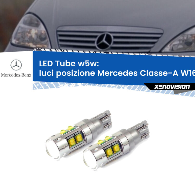 0 Luci posizione LED W5W Mercedes Classe-A W168 1997-2004 W5W Tube <strong>Luci posizione LED 6000k per Mercedes Classe-A</strong> W168 1997-2004. Lampadine <strong>W5W</strong> canbus modello Tube, luce bianco lunare, lunga durata e compatibilità.