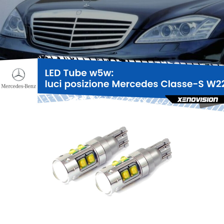 0 Luci posizione LED W5W Mercedes Classe-S W221 2005-2013 W5W Tube <strong>Luci posizione LED 6000k per Mercedes Classe-S</strong> W221 2005-2013. Lampadine <strong>W5W</strong> canbus modello Tube, luce bianco lunare, lunga durata e compatibilità.