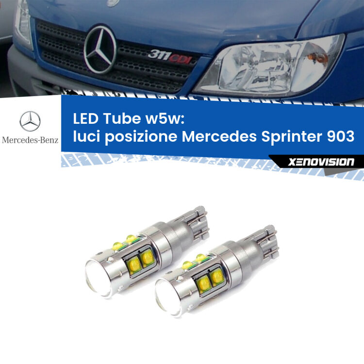 0 Luci posizione LED W5W Mercedes Sprinter 903 1995-2006 W5W Tube <strong>Luci posizione LED 6000k per Mercedes Sprinter</strong> 903 1995-2006. Lampadine <strong>W5W</strong> canbus modello Tube, luce bianco lunare, lunga durata e compatibilità.