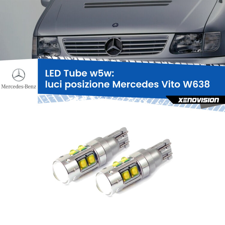 0 Luci posizione LED W5W Mercedes Vito W638 1996-2003 W5W Tube <strong>Luci posizione LED 6000k per Mercedes Vito</strong> W638 1996-2003. Lampadine <strong>W5W</strong> canbus modello Tube, luce bianco lunare, lunga durata e compatibilità.