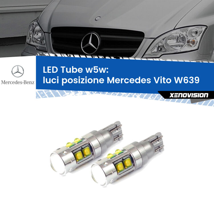 0 Luci posizione LED W5W Mercedes Vito W639 2003-2012 W5W Tube <strong>Luci posizione LED 6000k per Mercedes Vito</strong> W639 2003-2012. Lampadine <strong>W5W</strong> canbus modello Tube, luce bianco lunare, lunga durata e compatibilità.