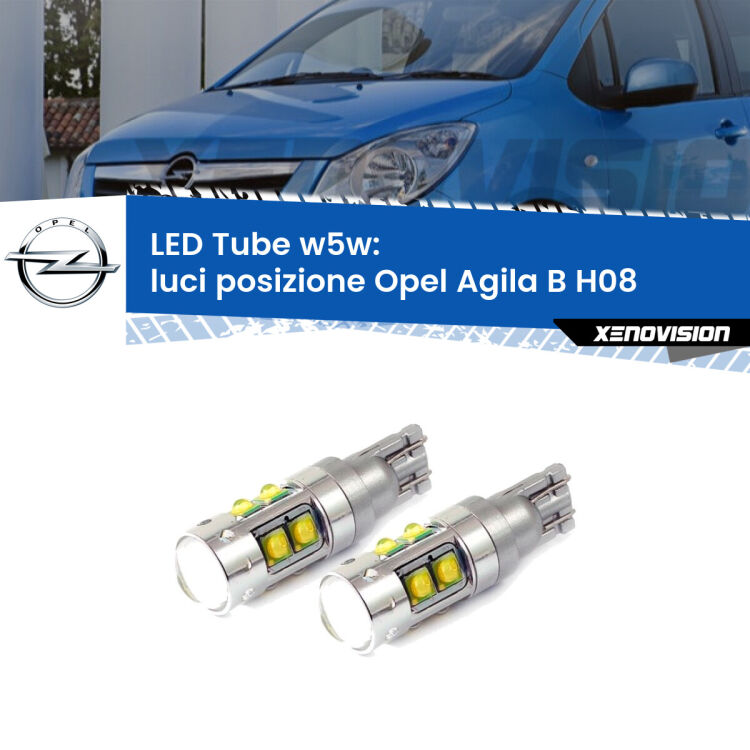 0 Luci posizione LED W5W Opel Agila B H08 2008-2014 W5W Tube <strong>Luci posizione LED 6000k per Opel Agila B</strong> H08 2008-2014. Lampadine <strong>W5W</strong> canbus modello Tube, luce bianco lunare, lunga durata e compatibilità.