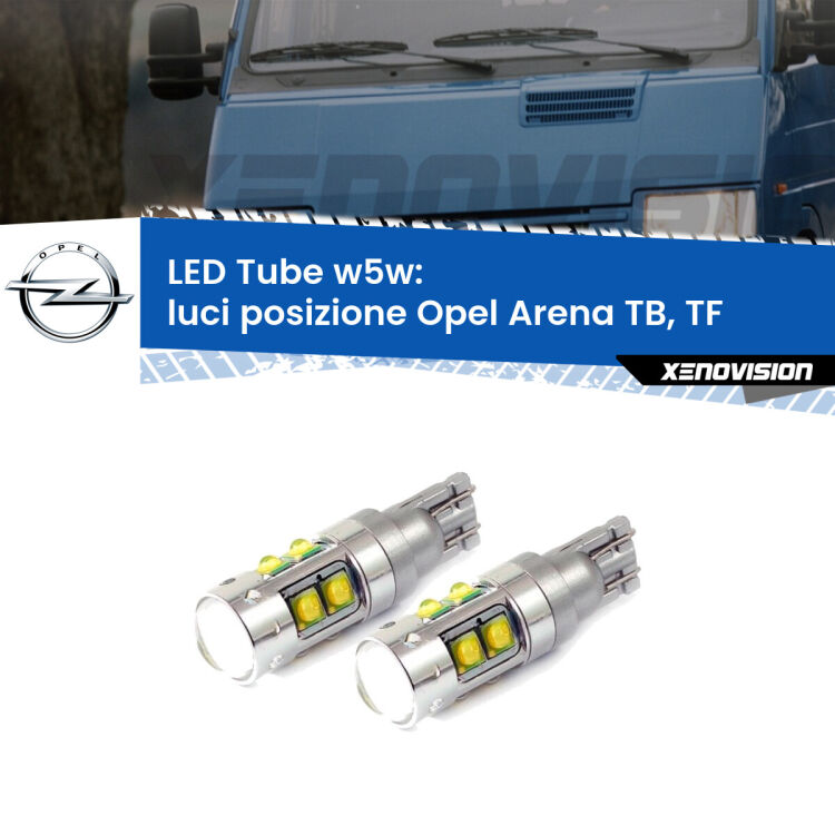 0 Luci posizione LED W5W Opel Arena TB, TF 1998-2001 W5W Tube <strong>Luci posizione LED 6000k per Opel Arena</strong> TB, TF 1998-2001. Lampadine <strong>W5W</strong> canbus modello Tube, luce bianco lunare, lunga durata e compatibilità.