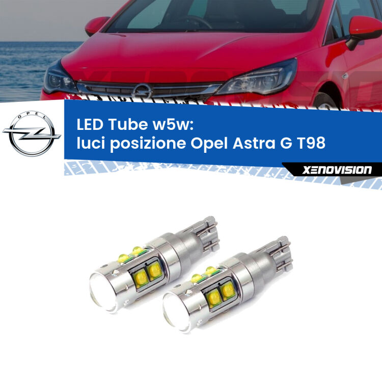 0 Luci posizione LED W5W Opel Astra G T98 2001-2005 W5W Tube <strong>Luci posizione LED 6000k per Opel Astra G</strong> T98 2001-2005. Lampadine <strong>W5W</strong> canbus modello Tube, luce bianco lunare, lunga durata e compatibilità.