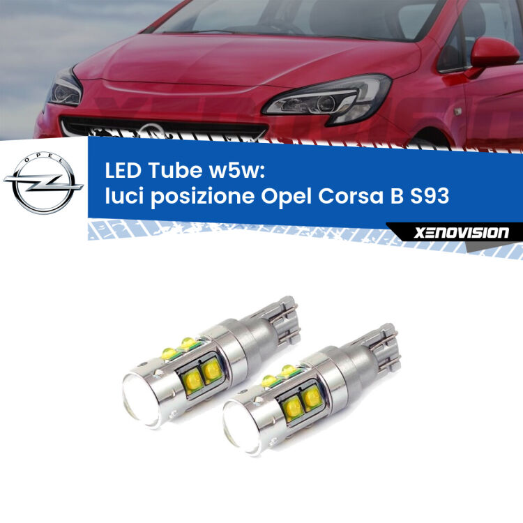 0 Luci posizione LED W5W Opel Corsa B S93 1993-2000 W5W Tube <strong>Luci posizione LED 6000k per Opel Corsa B</strong> S93 1993-2000. Lampadine <strong>W5W</strong> canbus modello Tube, luce bianco lunare, lunga durata e compatibilità.