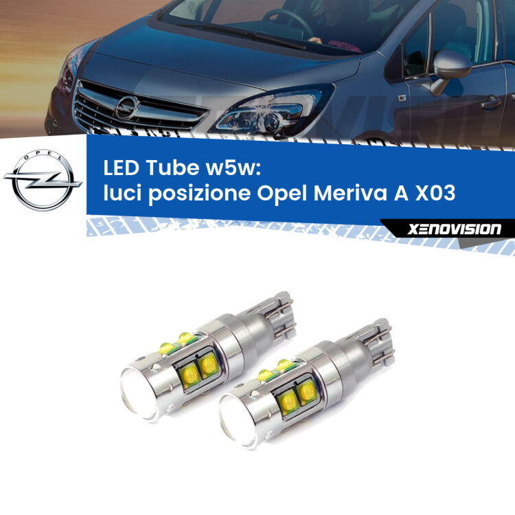 0 Luci posizione LED W5W Opel Meriva A X03 2003-2010 W5W Tube <strong>Luci posizione LED 6000k per Opel Meriva A</strong> X03 2003-2010. Lampadine <strong>W5W</strong> canbus modello Tube, luce bianco lunare, lunga durata e compatibilità.