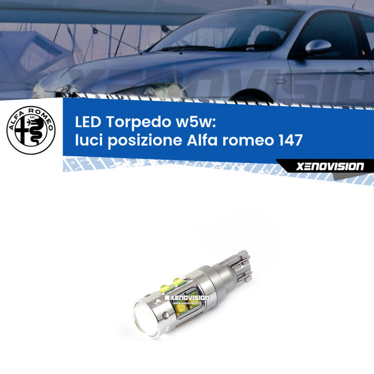 <strong>Luci posizione LED 6000k per Alfa romeo 147</strong>  2005-2010. Lampadine <strong>W5W</strong> canbus modello Torpedo.