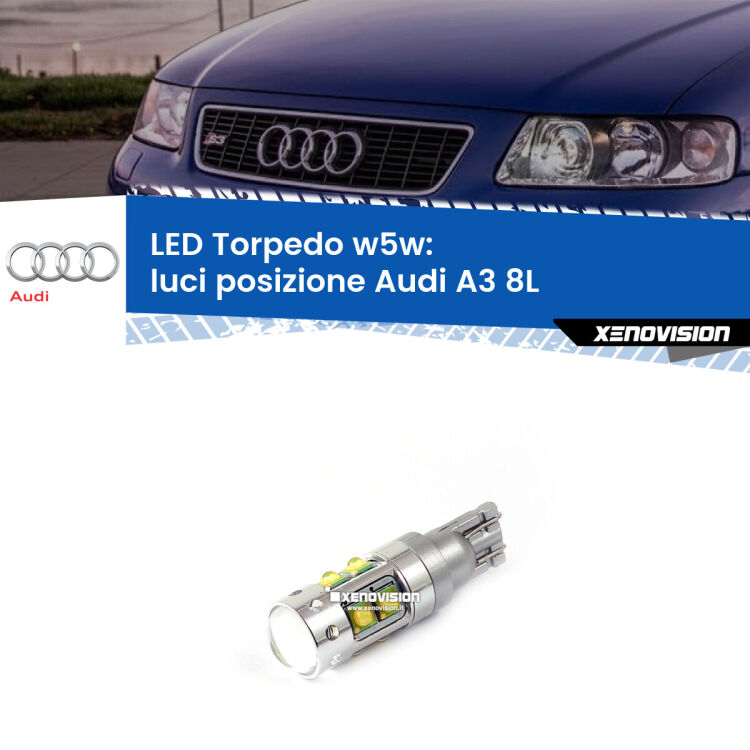 <strong>Luci posizione LED 6000k per Audi A3</strong> 8L 1996-2003. Lampadine <strong>W5W</strong> canbus modello Torpedo.