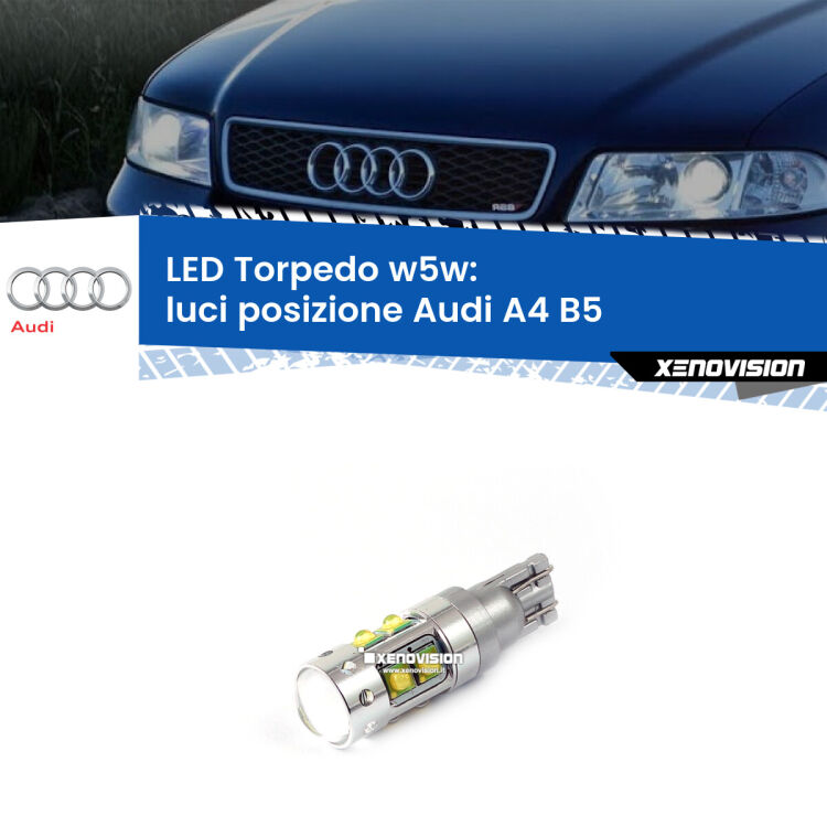 <strong>Luci posizione LED 6000k per Audi A4</strong> B5 con fari H7. Lampadine <strong>W5W</strong> canbus modello Torpedo.