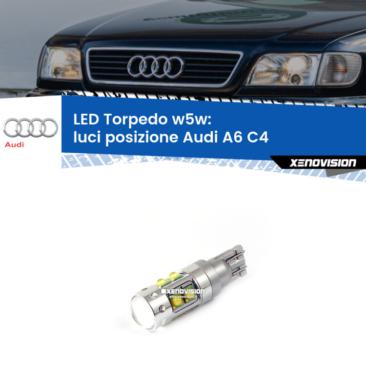 <strong>Luci posizione LED 6000k per Audi A6</strong> C4 1994-1997. Lampadine <strong>W5W</strong> canbus modello Torpedo.