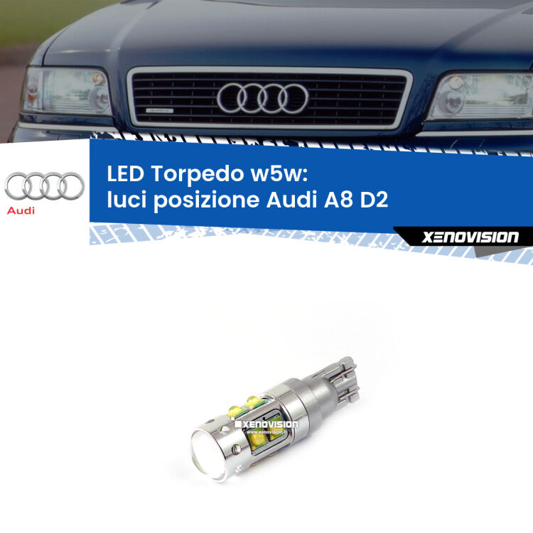 <strong>Luci posizione LED 6000k per Audi A8</strong> D2 1994-1998. Lampadine <strong>W5W</strong> canbus modello Torpedo.