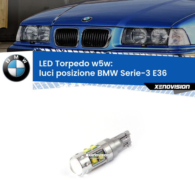 <strong>Luci posizione LED 6000k per BMW Serie-3</strong> E36 1990-1998. Lampadine <strong>W5W</strong> canbus modello Torpedo.
