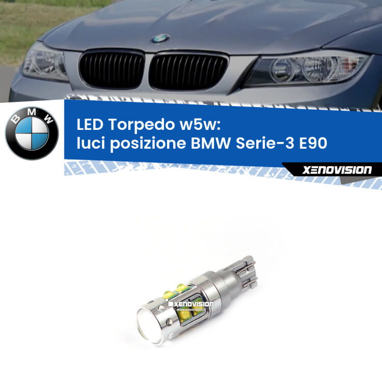 <strong>Luci posizione LED 6000k per BMW Serie-3</strong> E90 con fari alogeni. Lampadine <strong>W5W</strong> canbus modello Torpedo.
