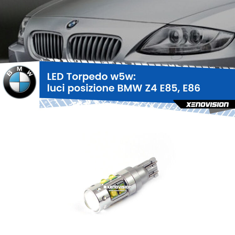 <strong>Luci posizione LED 6000k per BMW Z4</strong> E85, E86 2003-2008. Lampadine <strong>W5W</strong> canbus modello Torpedo.