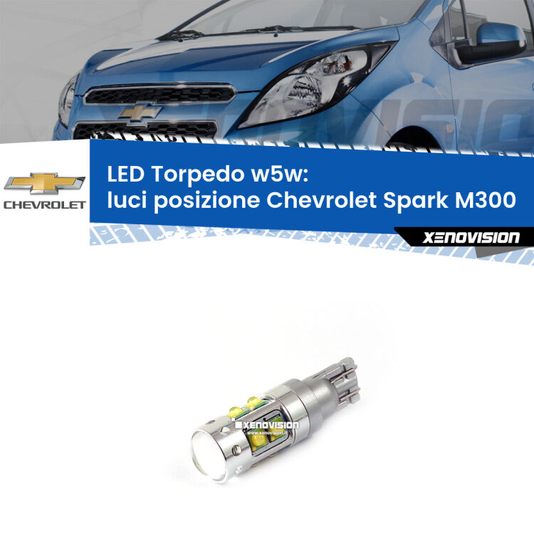 <strong>Luci posizione LED 6000k per Chevrolet Spark</strong> M300 2009-2016. Lampadine <strong>W5W</strong> canbus modello Torpedo.