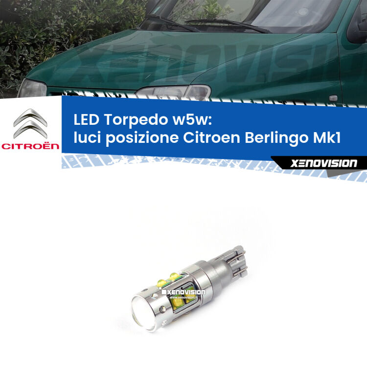 <strong>Luci posizione LED 6000k per Citroen Berlingo</strong> Mk1 1996-2007. Lampadine <strong>W5W</strong> canbus modello Torpedo.