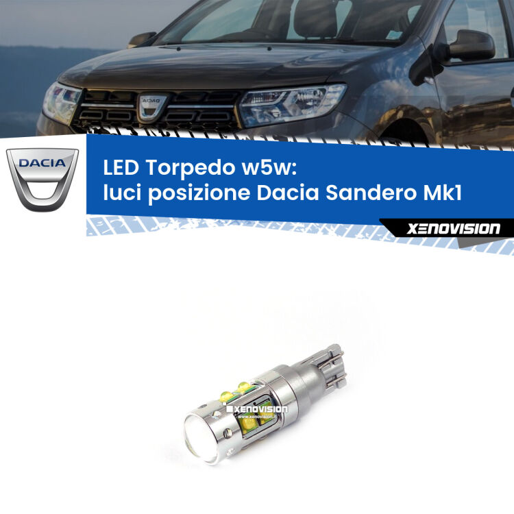 <strong>Luci posizione LED 6000k per Dacia Sandero</strong> Mk1 2008-2012. Lampadine <strong>W5W</strong> canbus modello Torpedo.