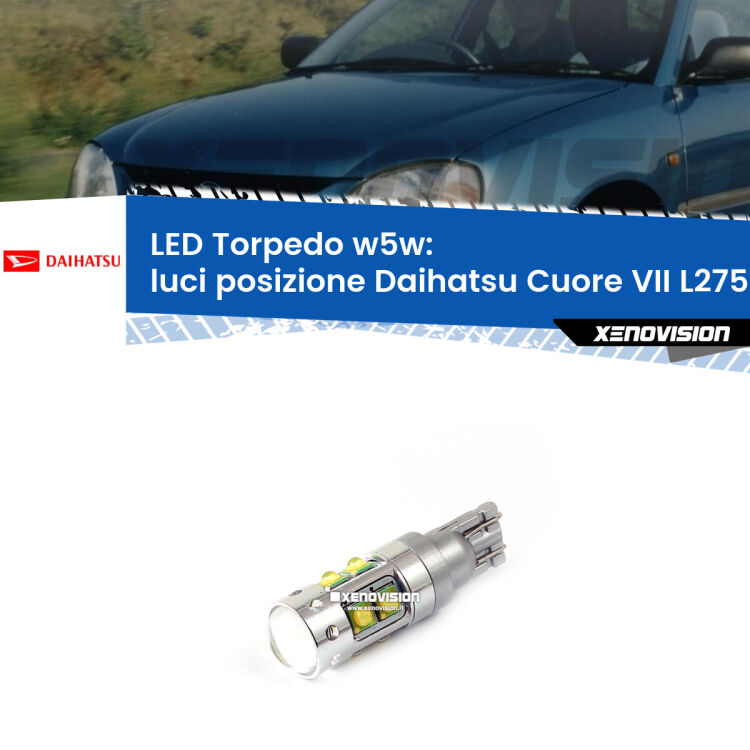 <strong>Luci posizione LED 6000k per Daihatsu Cuore VII</strong> L275 2007-2018. Lampadine <strong>W5W</strong> canbus modello Torpedo.
