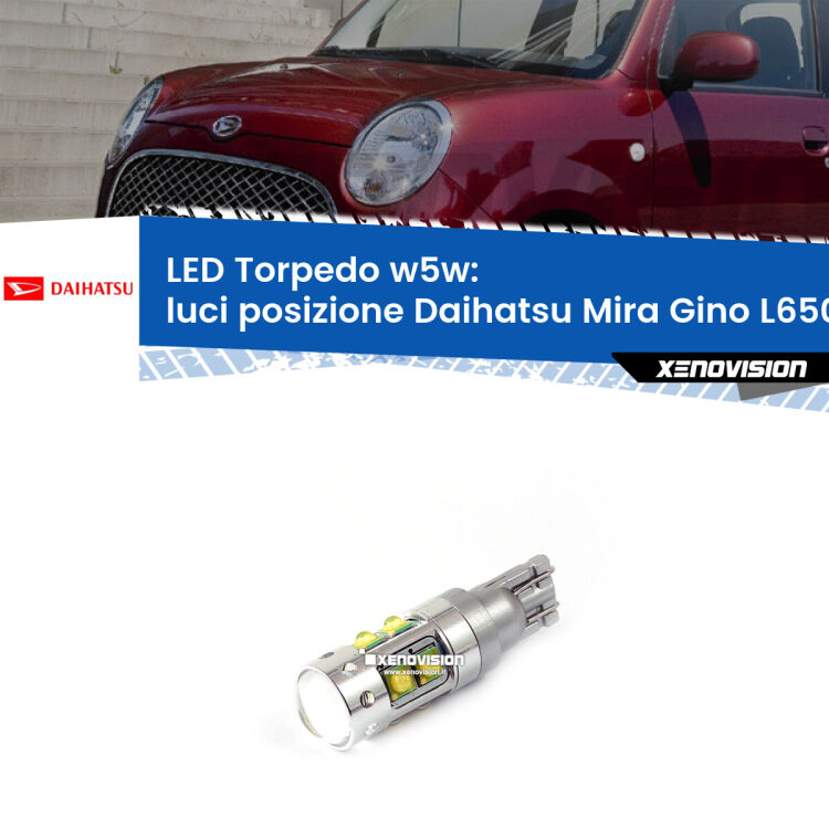 <strong>Luci posizione LED 6000k per Daihatsu Mira Gino</strong> L650 2004-2009. Lampadine <strong>W5W</strong> canbus modello Torpedo.