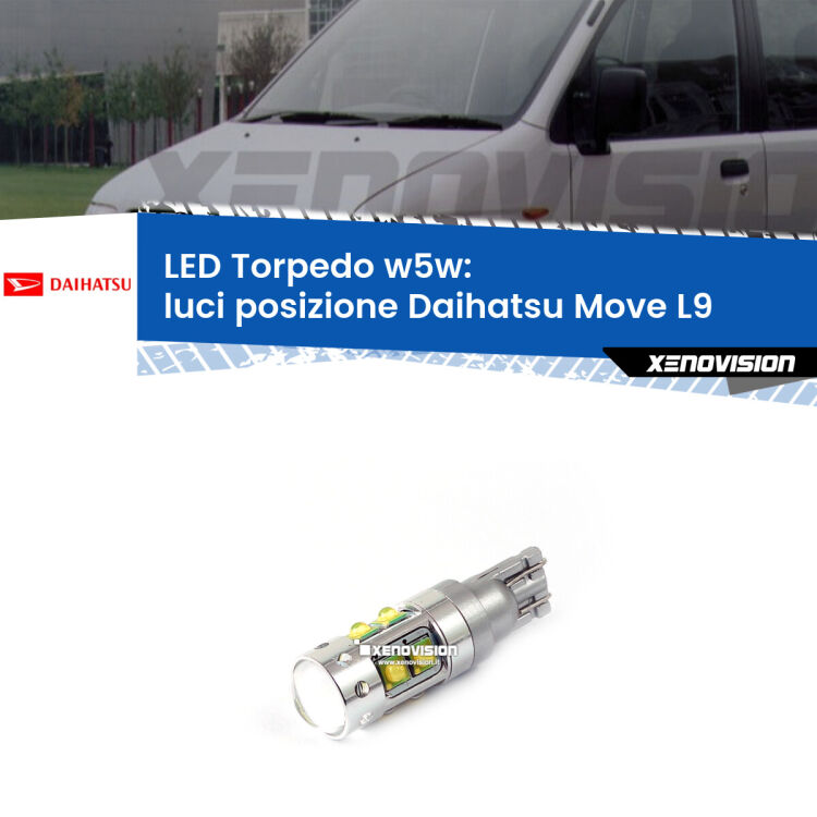 <strong>Luci posizione LED 6000k per Daihatsu Move</strong> L9 1997-2002. Lampadine <strong>W5W</strong> canbus modello Torpedo.