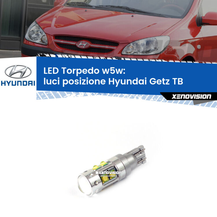 <strong>Luci posizione LED 6000k per Hyundai Getz</strong> TB 2002-2009. Lampadine <strong>W5W</strong> canbus modello Torpedo.