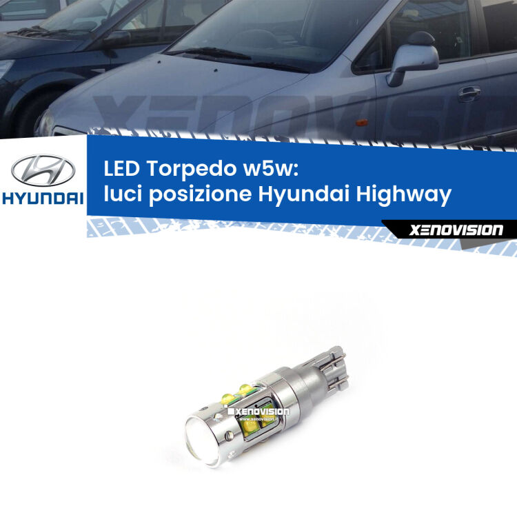 <strong>Luci posizione LED 6000k per Hyundai Highway</strong>  2000-2004. Lampadine <strong>W5W</strong> canbus modello Torpedo.