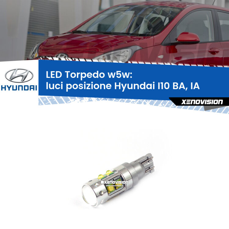 <strong>Luci posizione LED 6000k per Hyundai I10</strong> BA, IA 2013-2016. Lampadine <strong>W5W</strong> canbus modello Torpedo.