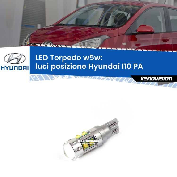 <strong>Luci posizione LED 6000k per Hyundai I10</strong> PA 2007-2017. Lampadine <strong>W5W</strong> canbus modello Torpedo.