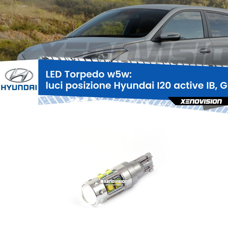 <strong>Luci posizione LED 6000k per Hyundai I20 active</strong> IB, GB a parabola singola. Lampadine <strong>W5W</strong> canbus modello Torpedo.