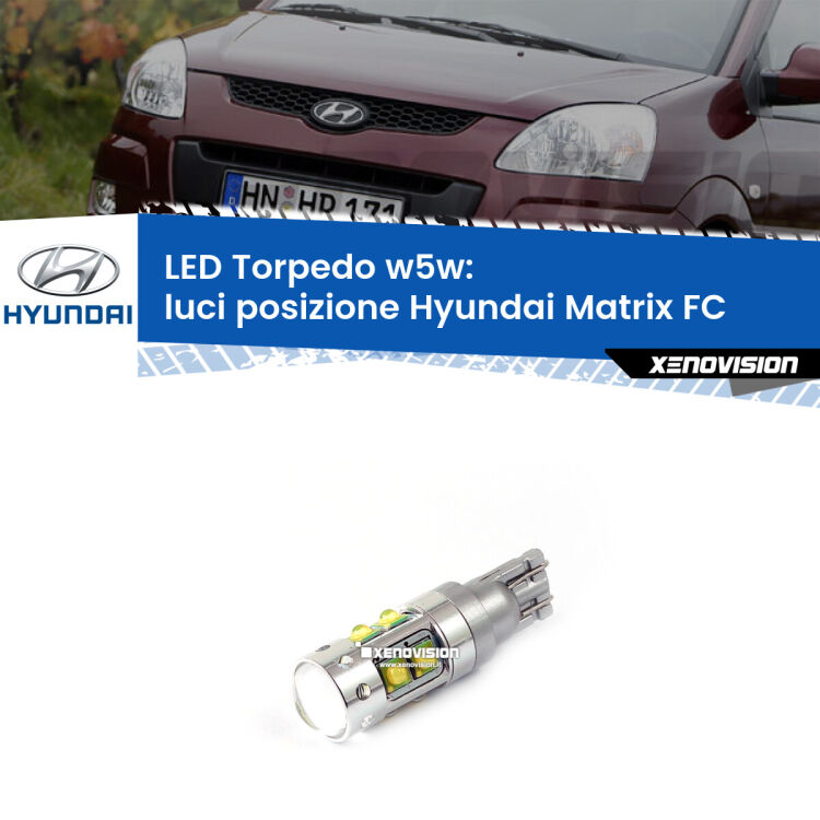 <strong>Luci posizione LED 6000k per Hyundai Matrix</strong> FC 2001-2010. Lampadine <strong>W5W</strong> canbus modello Torpedo.
