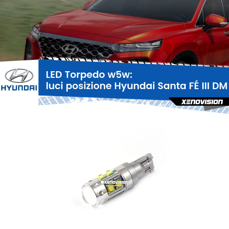 <strong>Luci posizione LED 6000k per Hyundai Santa FÉ III</strong> DM 2012-2015. Lampadine <strong>W5W</strong> canbus modello Torpedo.