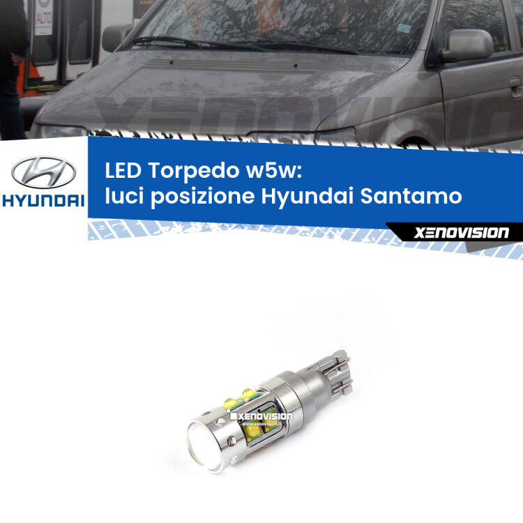<strong>Luci posizione LED 6000k per Hyundai Santamo</strong>  1998-2002. Lampadine <strong>W5W</strong> canbus modello Torpedo.