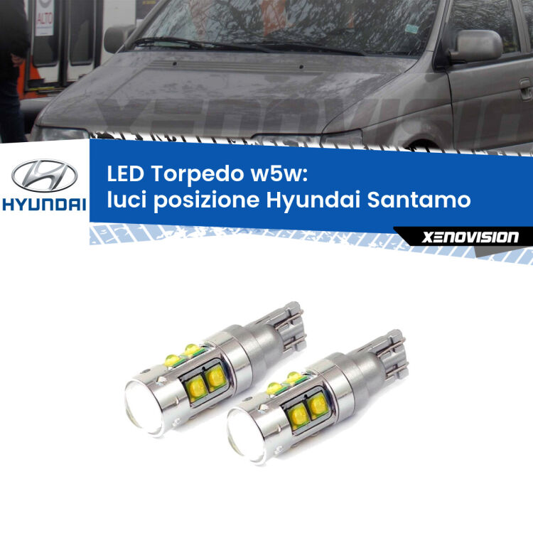 0 Luci posizione LED W5W Hyundai Santamo  1998-2002 W5W Tube <strong>Luci posizione LED 6000k per Hyundai Santamo</strong>  1998-2002. Lampadine <strong>W5W</strong> canbus modello Tube, luce bianco lunare, lunga durata e compatibilità.