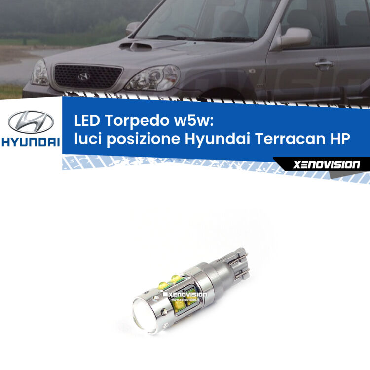 <strong>Luci posizione LED 6000k per Hyundai Terracan</strong> HP 2001-2006. Lampadine <strong>W5W</strong> canbus modello Torpedo.
