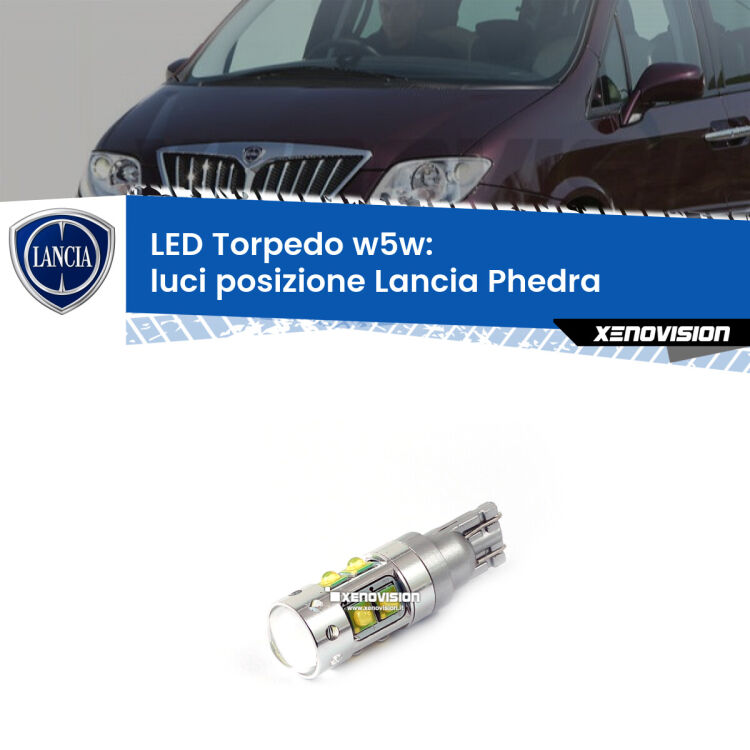 <strong>Luci posizione LED 6000k per Lancia Phedra</strong>  2002-2010. Lampadine <strong>W5W</strong> canbus modello Torpedo.