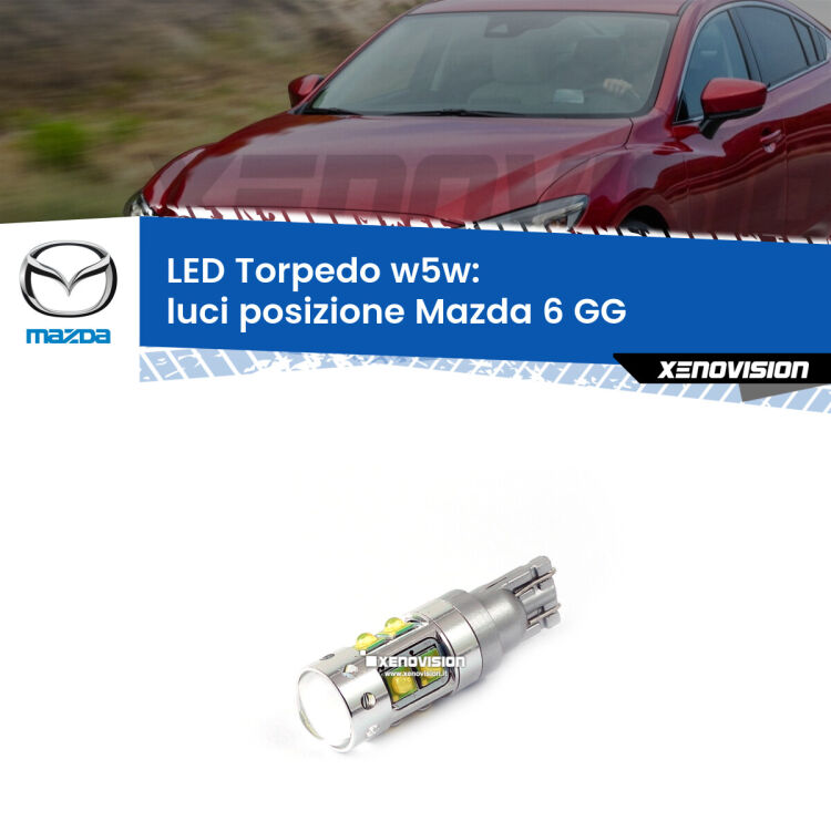 <strong>Luci posizione LED 6000k per Mazda 6</strong> GG 2002-2007. Lampadine <strong>W5W</strong> canbus modello Torpedo.