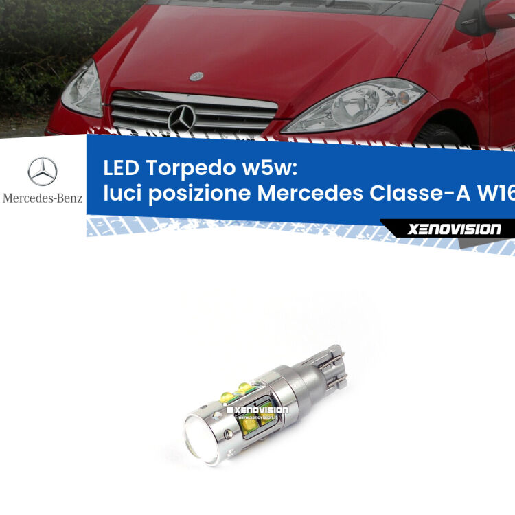 <strong>Luci posizione LED 6000k per Mercedes Classe-A</strong> W169 2004-2012. Lampadine <strong>W5W</strong> canbus modello Torpedo.