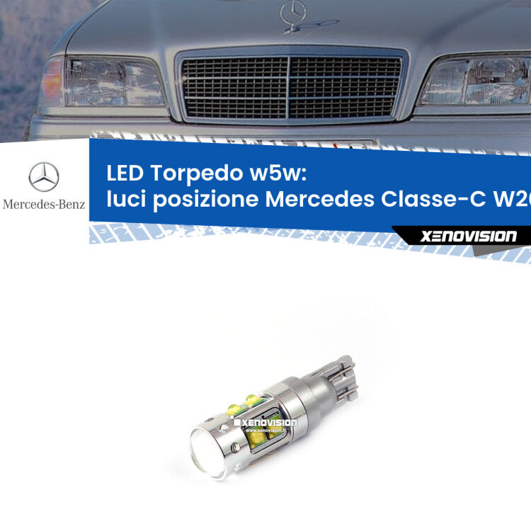 <strong>Luci posizione LED 6000k per Mercedes Classe-C</strong> W202 1993-2000. Lampadine <strong>W5W</strong> canbus modello Torpedo.