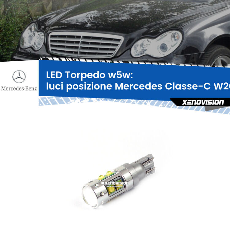 <strong>Luci posizione LED 6000k per Mercedes Classe-C</strong> W203 2000-2007. Lampadine <strong>W5W</strong> canbus modello Torpedo.